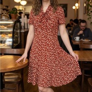 Fervour Polka Dot Red Fit &Flare Tie Neck Dress Retro Size L/XL